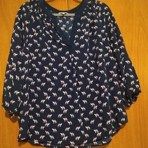 Crown & Ivy Navy Blue Camel Print Blouse top